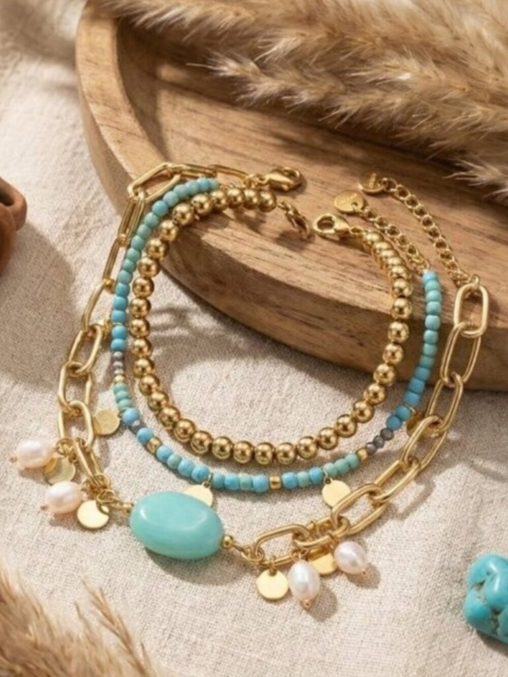 18k Gold Plated 316L SS Blue Jade and Freshwater Pearl Stackable Bracelet Set